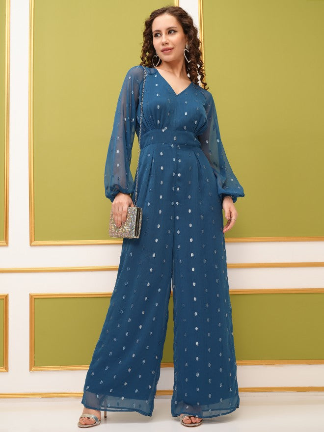 Tokyo Talkies Women Blue Self Design Jumpsuit - Blue - Image 1