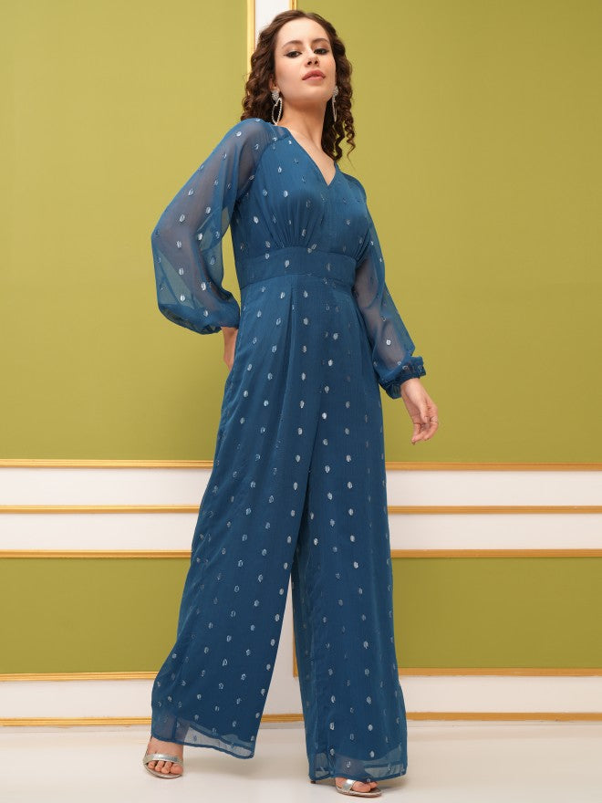 Tokyo Talkies Women Blue Self Design Jumpsuit - Blue - Image 4
