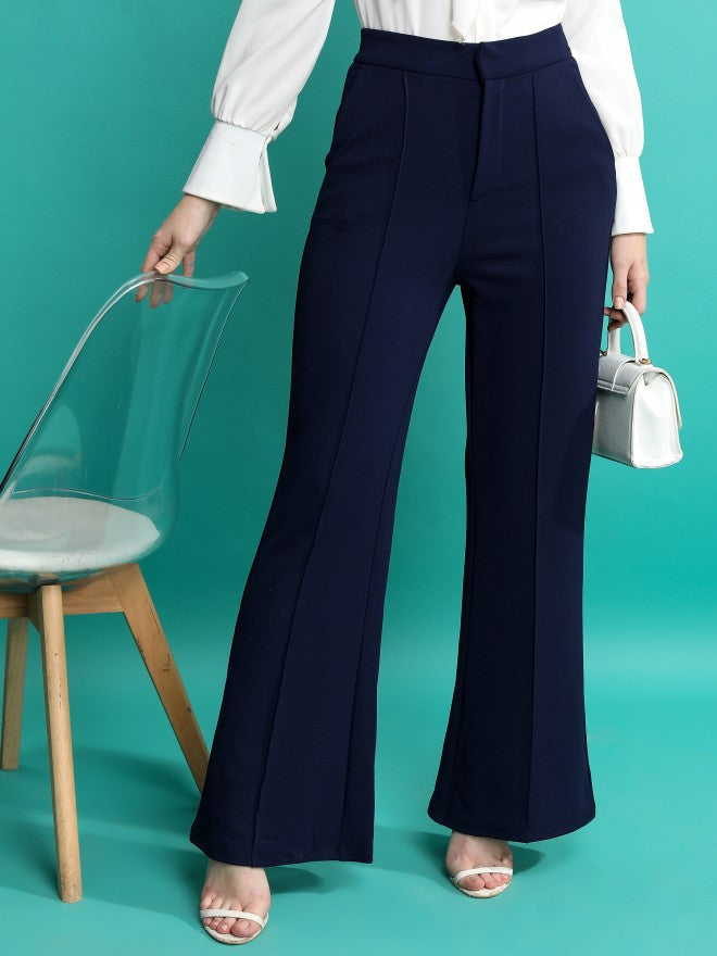 Tokyo Talkies Women Navy Blue Solid Flared Casual Trouser - Navy Blue - Image 1