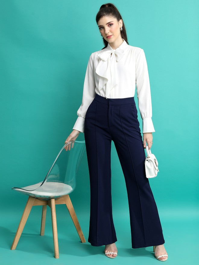 Tokyo Talkies Women Navy Blue Solid Flared Casual Trouser - Navy Blue - Image 2