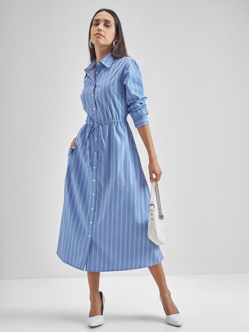 Chic By Tokyo Talkies Women Blue Striped Shirt Dress - Blue - Image 1