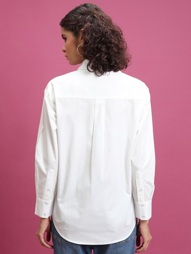 Tokyo Talkies Women White Solid Oversized Fit Casual Shirt - White - Image 3