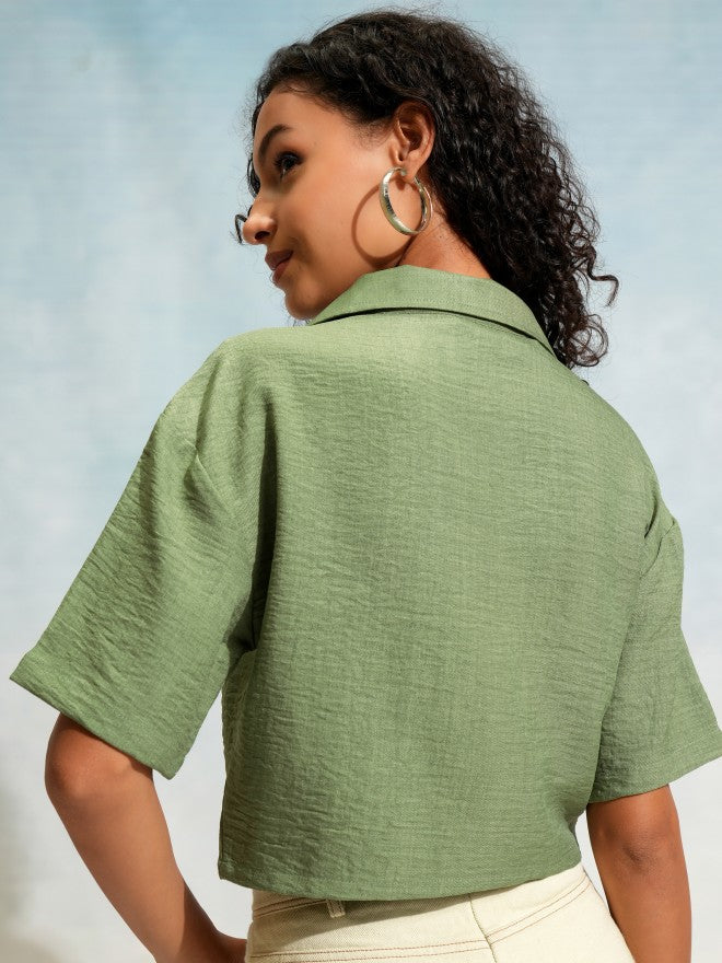 Tokyo Talkies Women Green Solid Casual Shirt - Green - Image 3