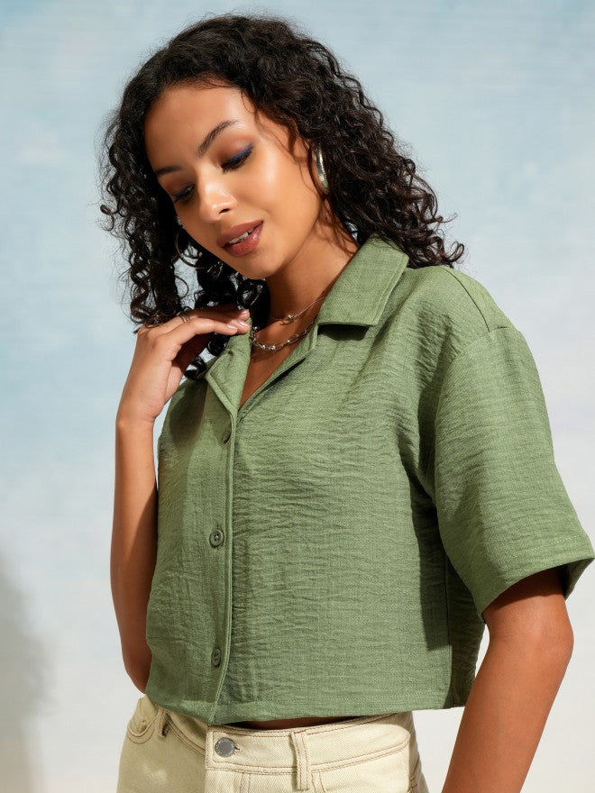 Tokyo Talkies Women Green Solid Casual Shirt - Green - Image 4