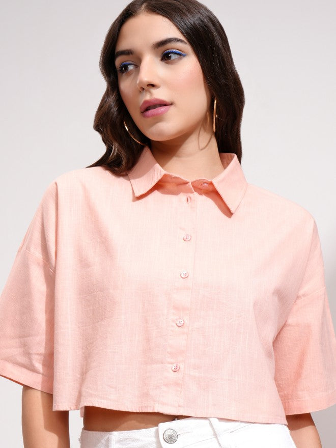 Tokyo Talkies Women Peach Solid Boxy Fit Casual Shirt - Peach - Image 1
