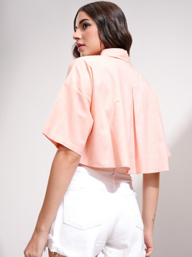 Tokyo Talkies Women Peach Solid Boxy Fit Casual Shirt - Peach - Image 3