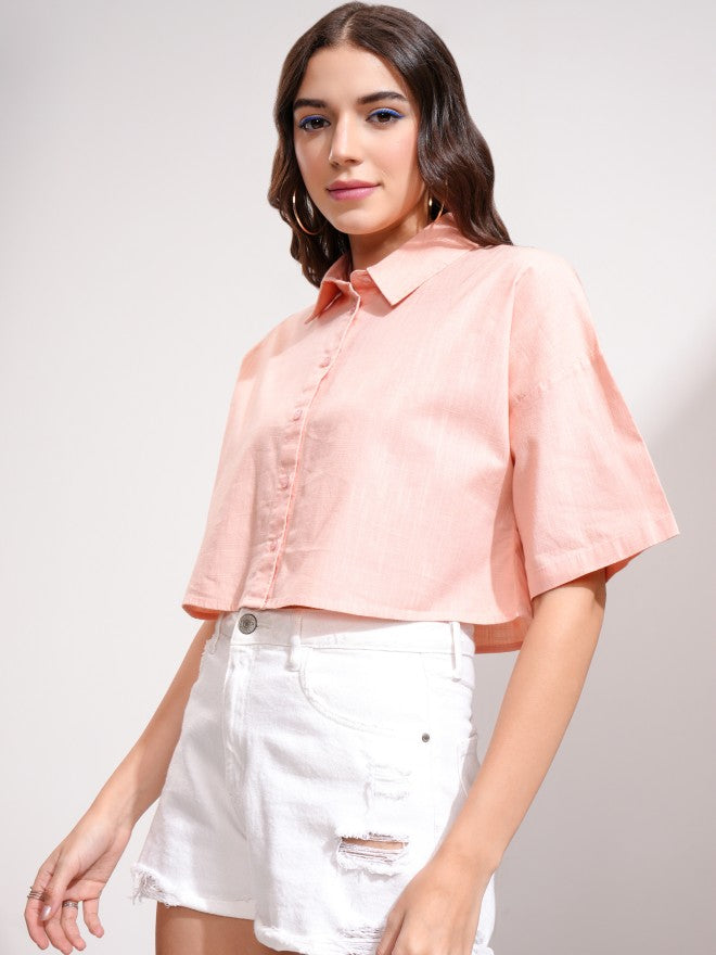 Tokyo Talkies Women Peach Solid Boxy Fit Casual Shirt - Peach - Image 4