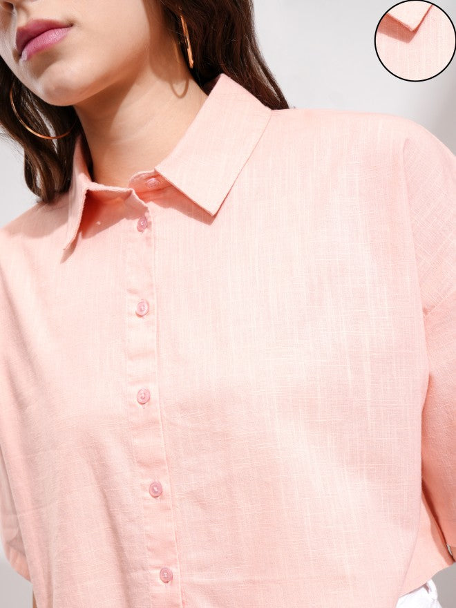 Tokyo Talkies Women Peach Solid Boxy Fit Casual Shirt - Peach - Image 5