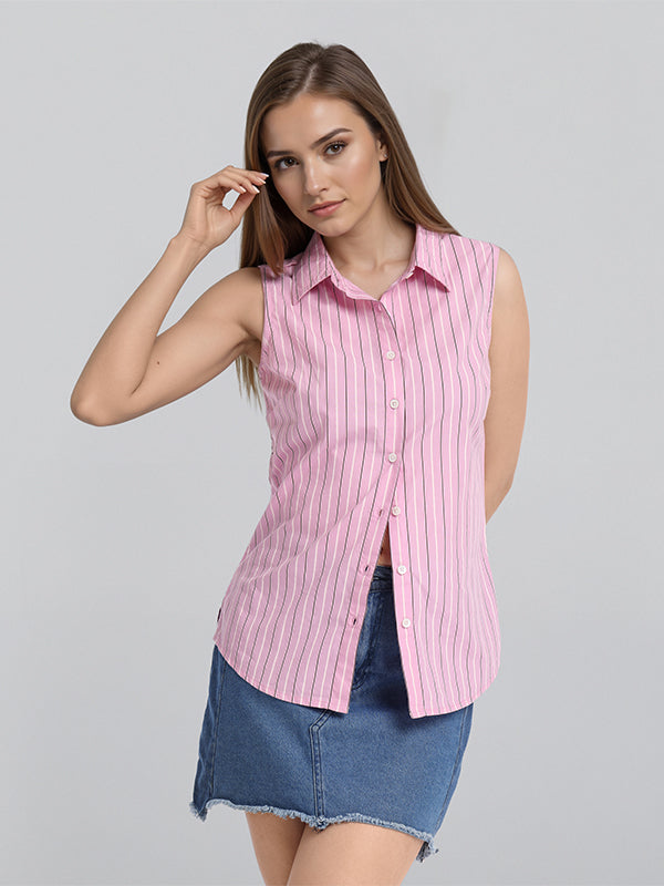 Chic By Tokyo Talkies Women Pink Striped Casual Shirt - Pink - Image 1