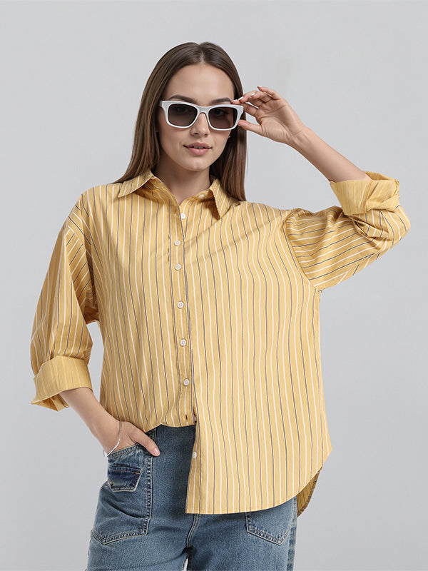 Chic By Tokyo Talkies Women Mustard Striped Oversized Fit Casual Shirt - Mustard - Image 1