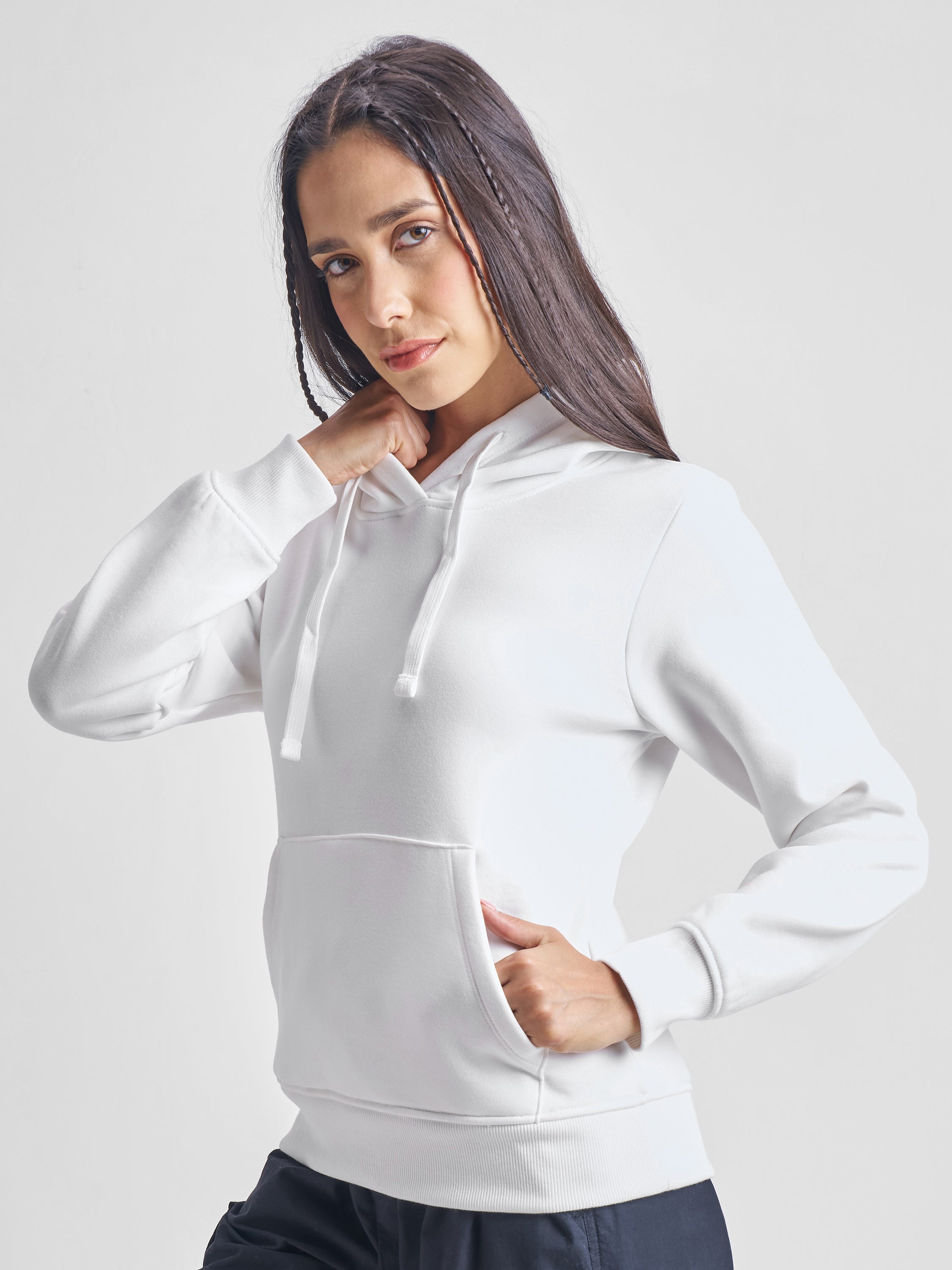 Tokyo Talkies Women White Solid Pullover Hood Sweatshirt - White - Image 4