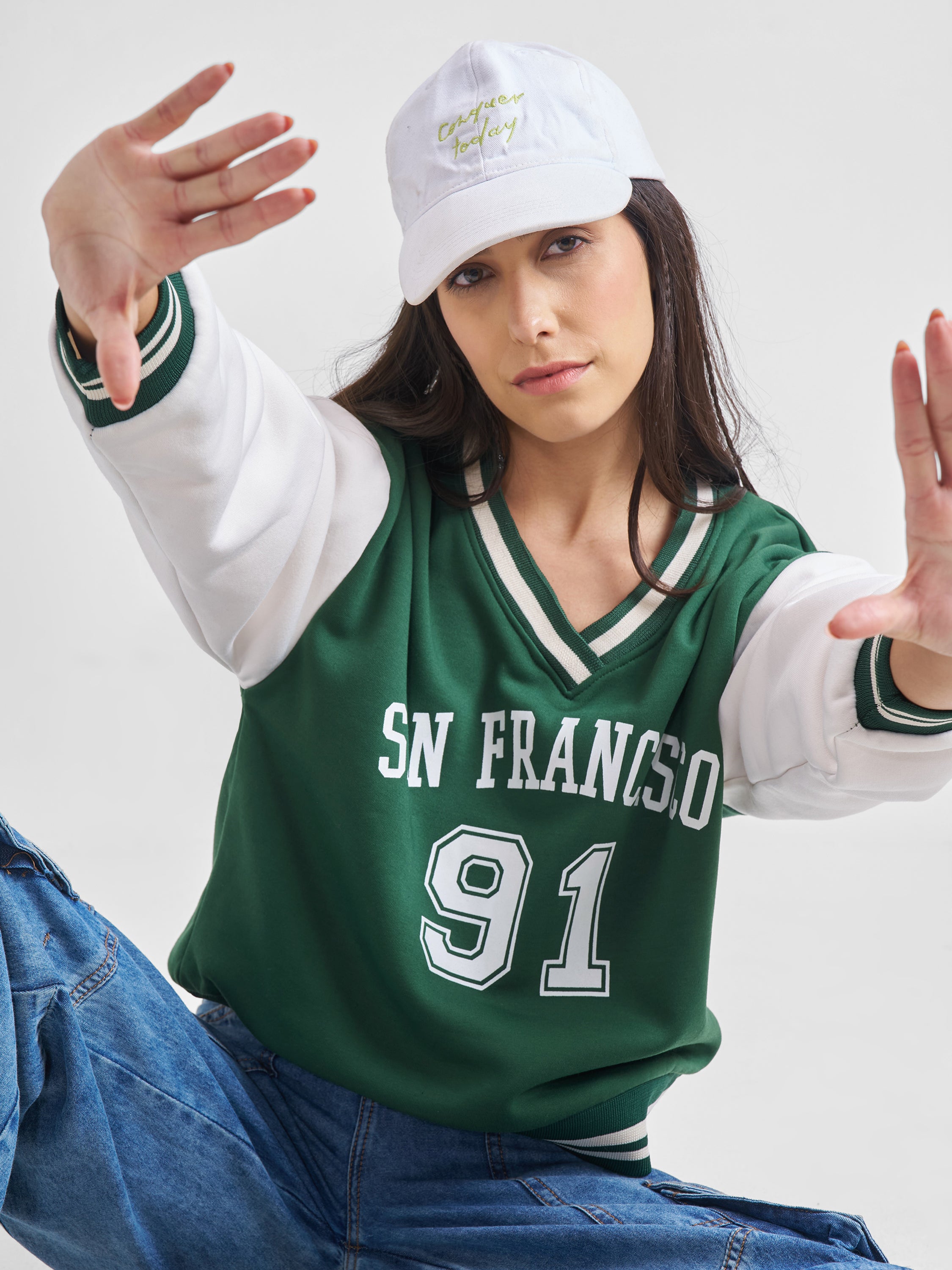 Tokyo Talkies Women Green V-Neck Sweatshirt - Green - Image 1