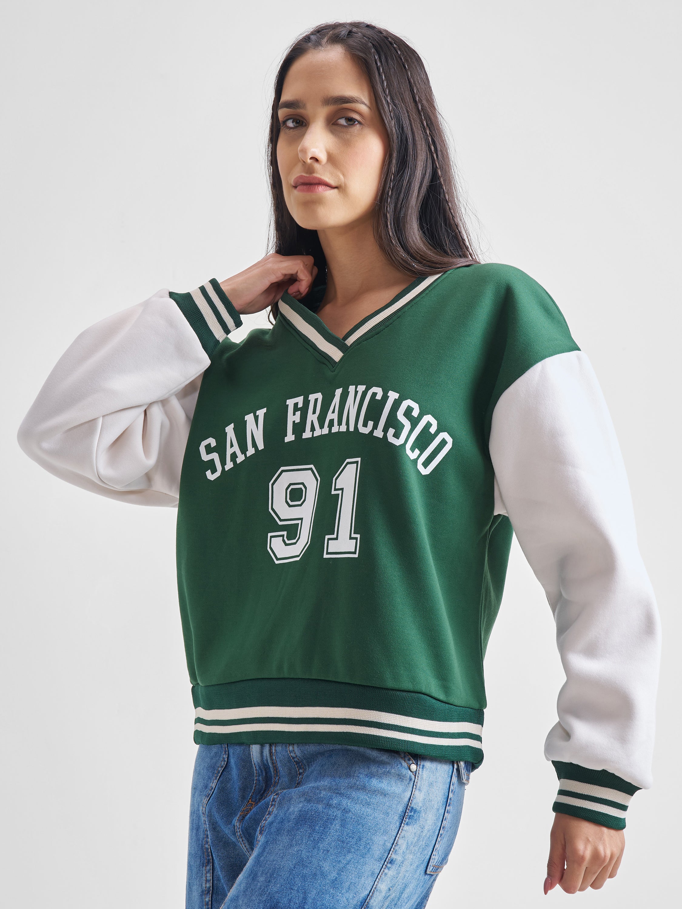Tokyo Talkies Women Green V-Neck Sweatshirt - Green - Image 4