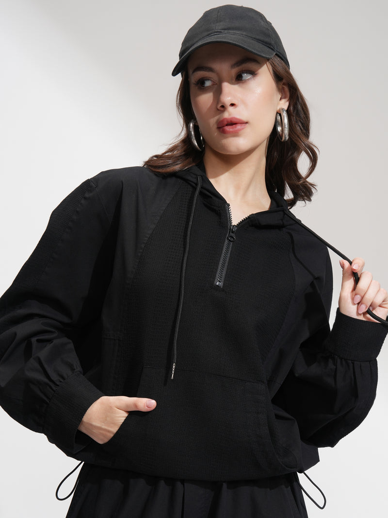 Tokyo Talkies Women Black Solid Pullover Hood Sweatshirt - Black - Image 1