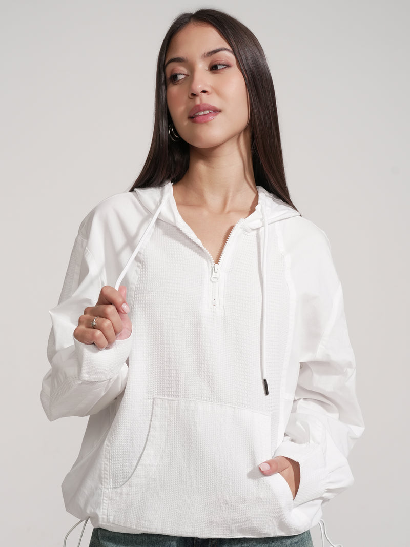 Tokyo Talkies Women White Solid Pullover Hood Sweatshirt - White - Image 1