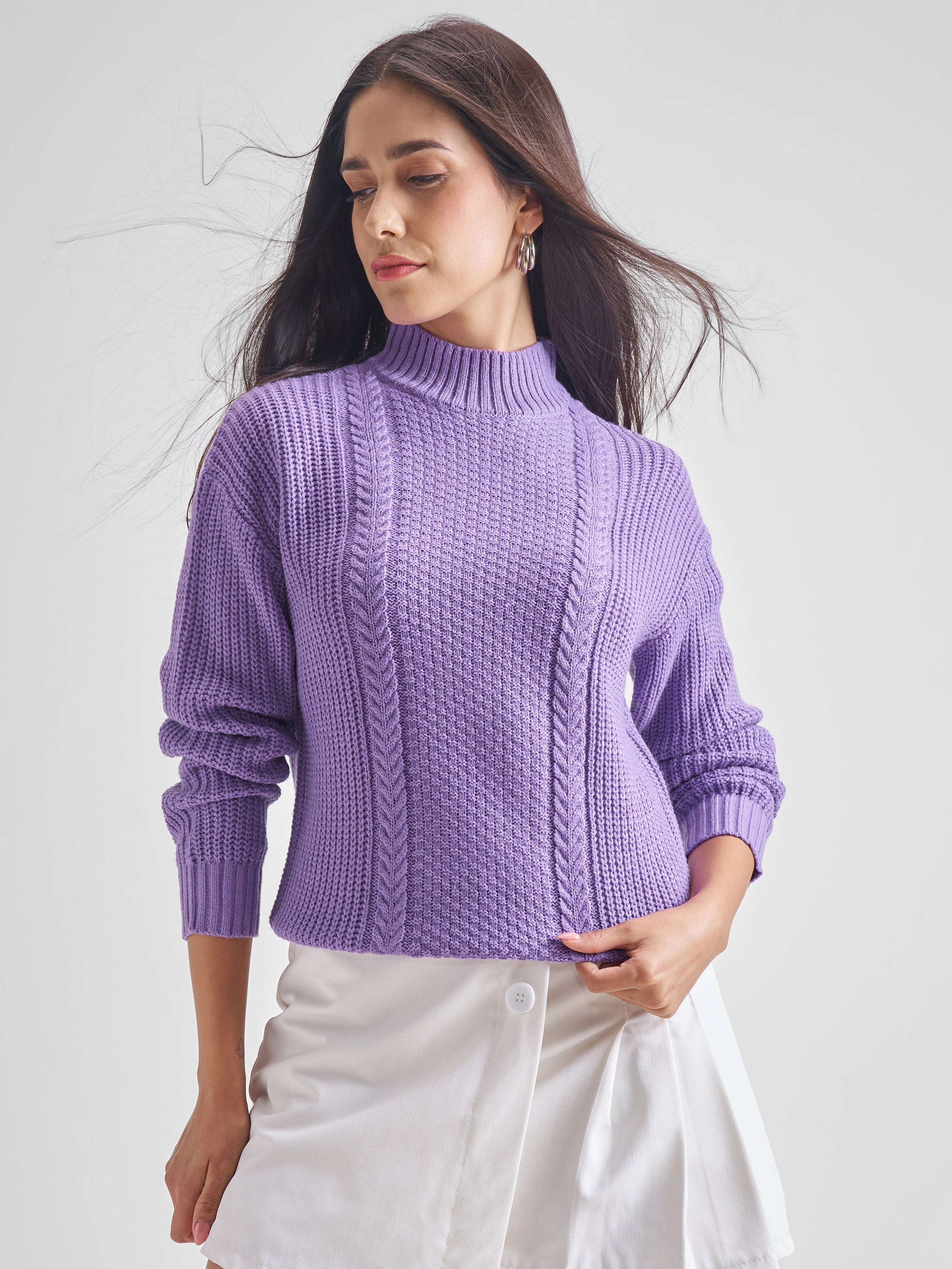 Tokyo Talkies Women Purple High Neck Sweater - Purple - Image 1