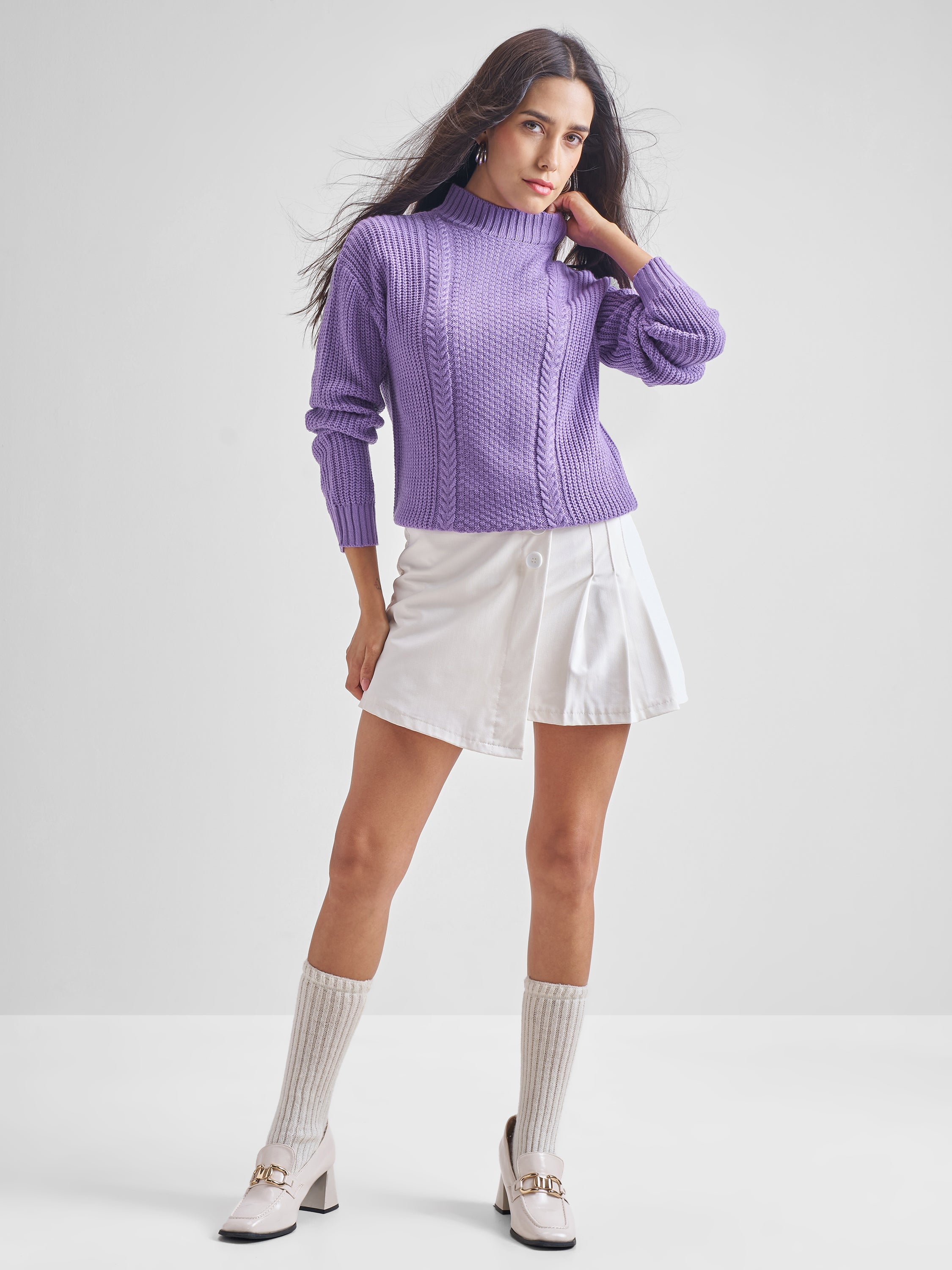 Tokyo Talkies Women Purple High Neck Sweater - Purple - Image 2