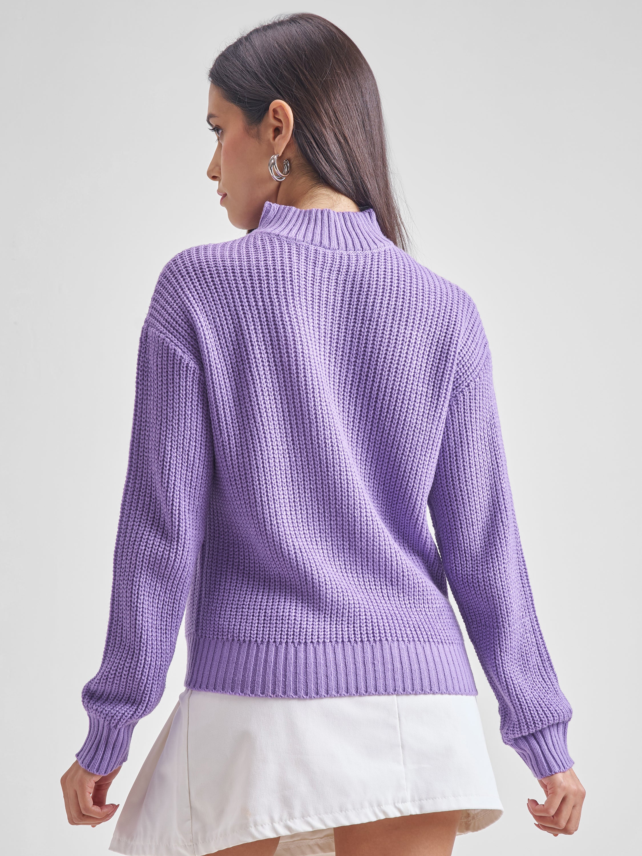 Tokyo Talkies Women Purple High Neck Sweater - Purple - Image 3