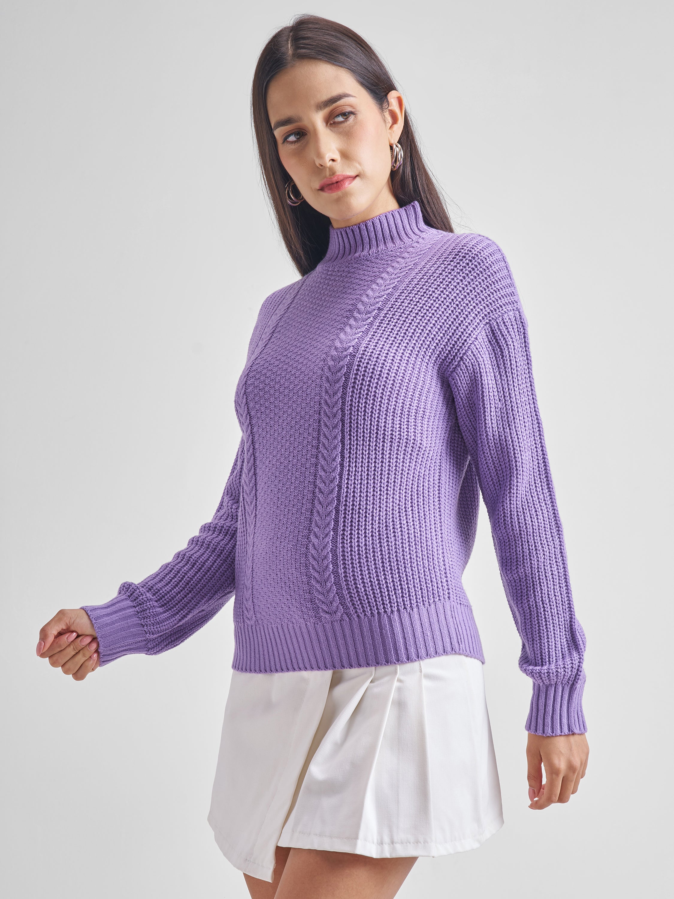 Tokyo Talkies Women Purple High Neck Sweater - Purple - Image 4