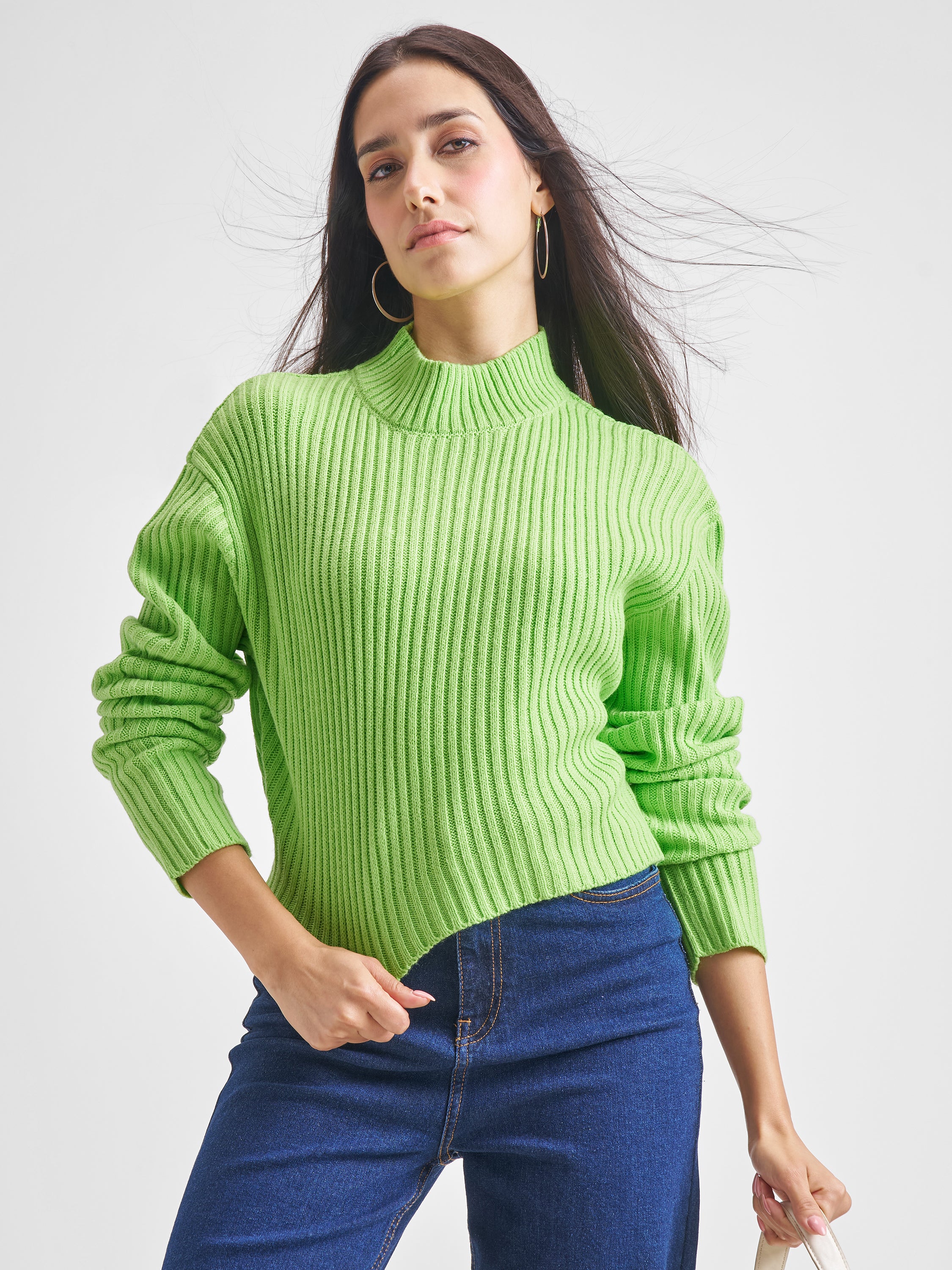Tokyo Talkies Women Green Turtle Neck Cropped Sweater - Green - Image 1