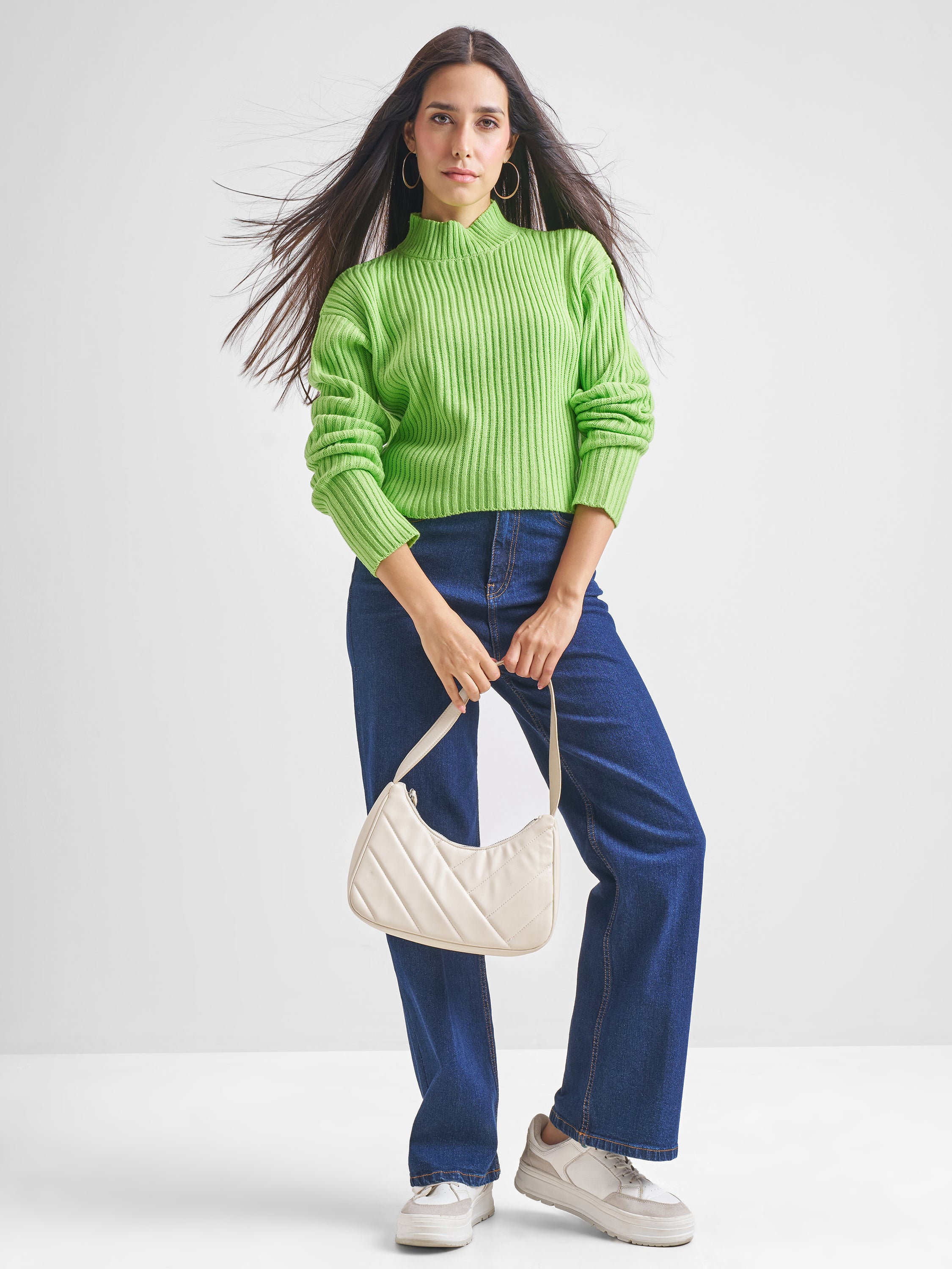Tokyo Talkies Women Green Turtle Neck Cropped Sweater - Green - Image 2