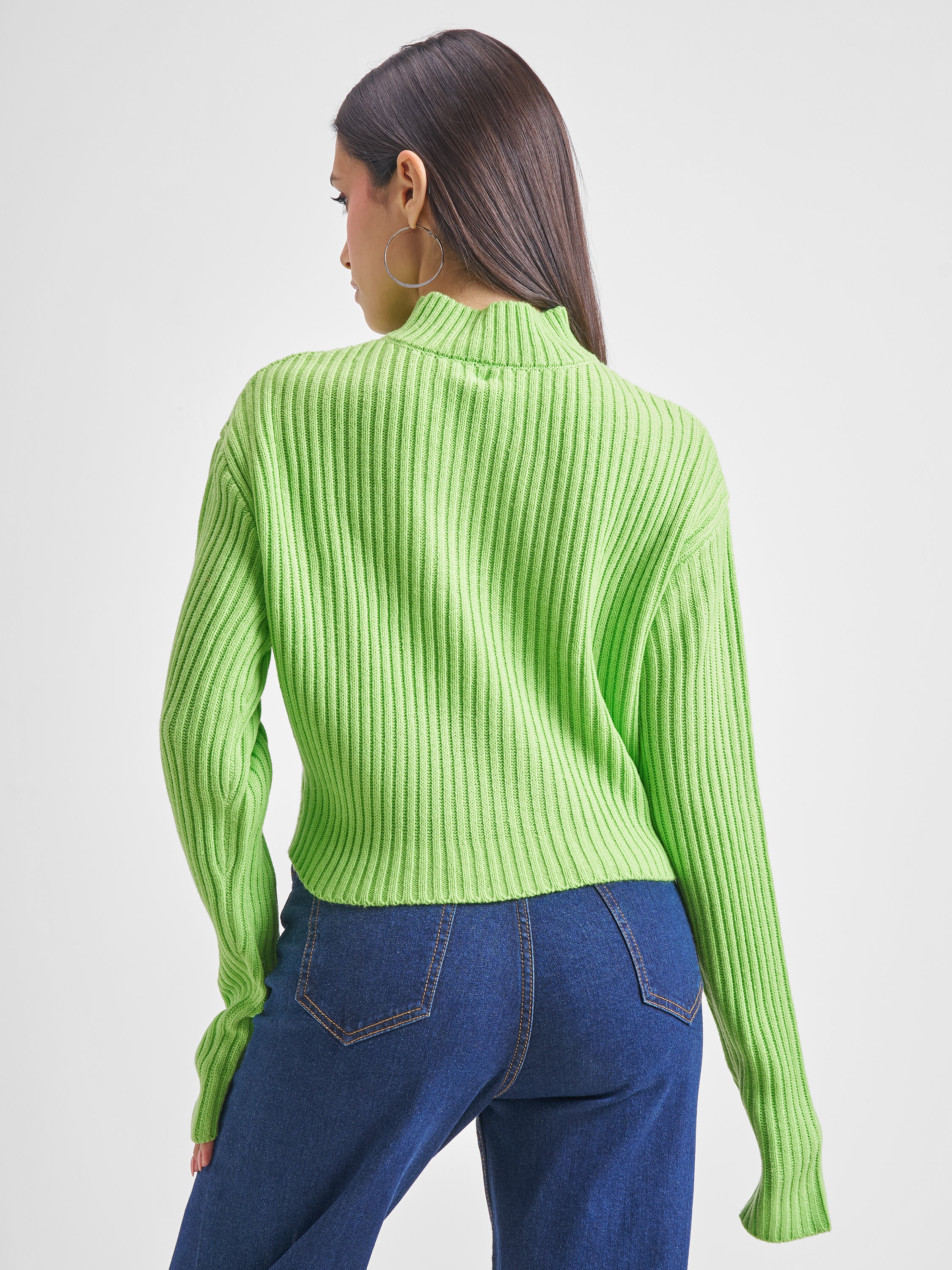 Tokyo Talkies Women Green Turtle Neck Cropped Sweater - Green - Image 3