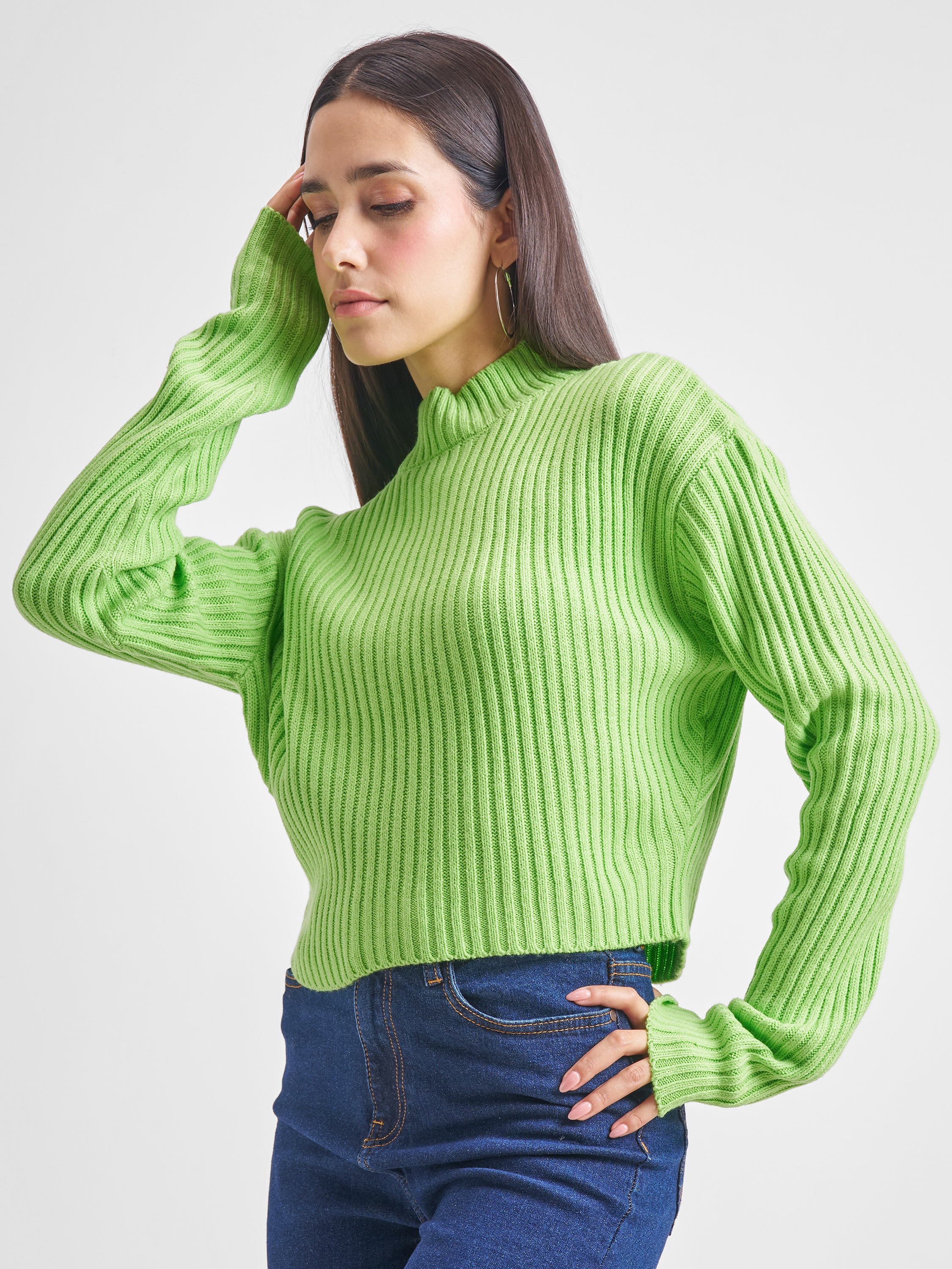 Tokyo Talkies Women Green Turtle Neck Cropped Sweater - Green - Image 4