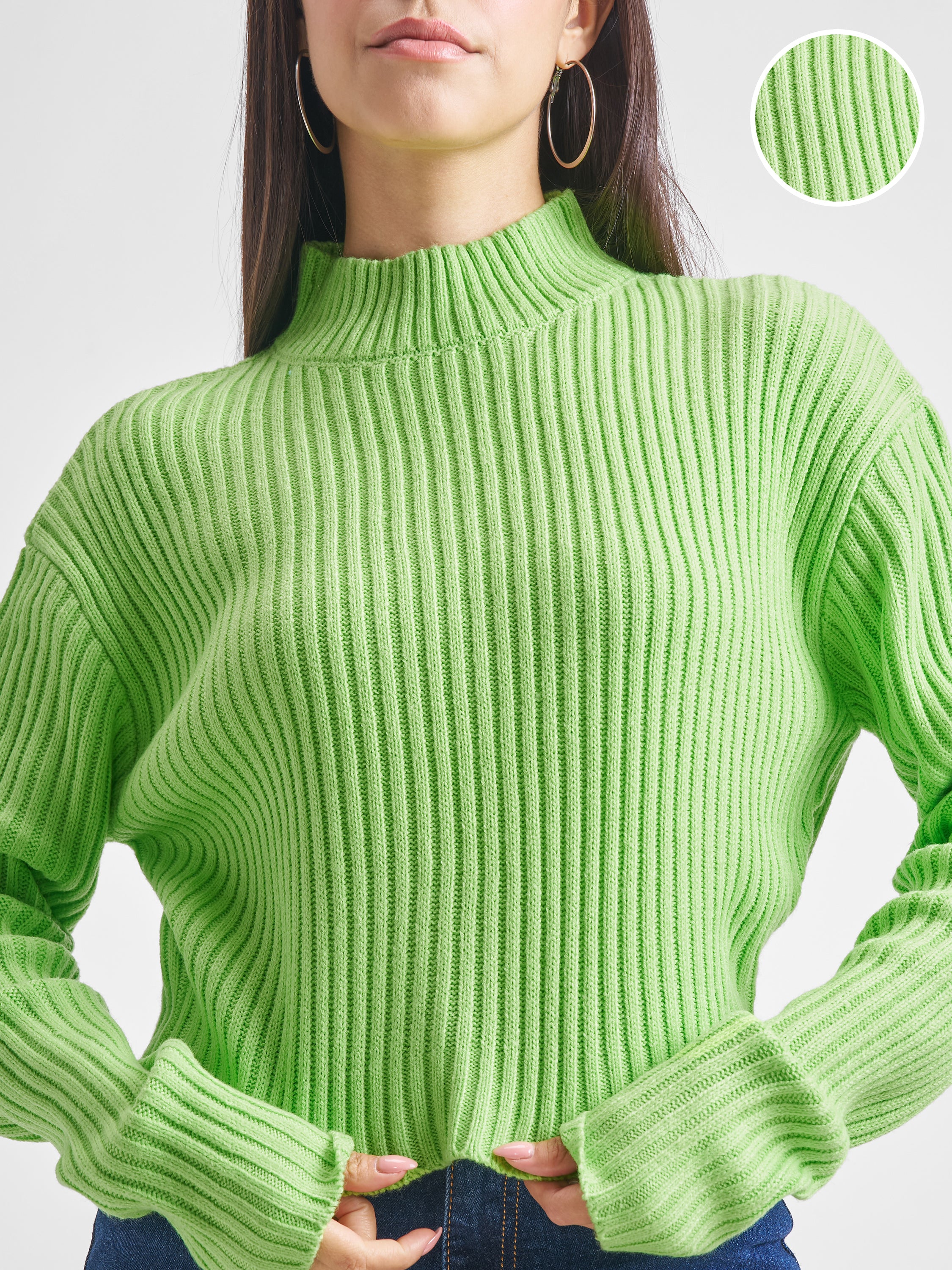 Tokyo Talkies Women Green Turtle Neck Cropped Sweater - Green - Image 5