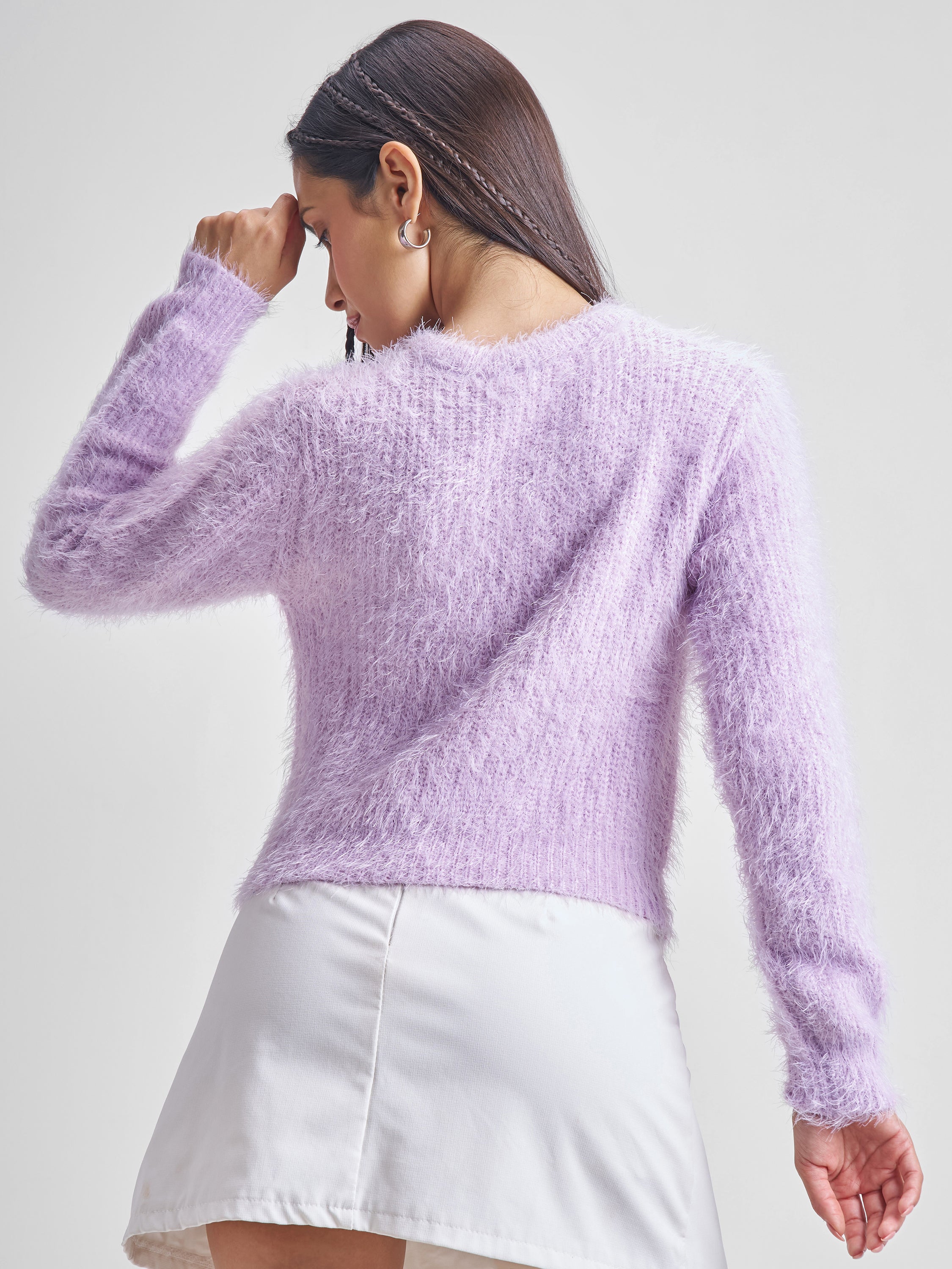 Tokyo Talkies Women Purple Round Neck Cropped Sweater - Purple - Image 3
