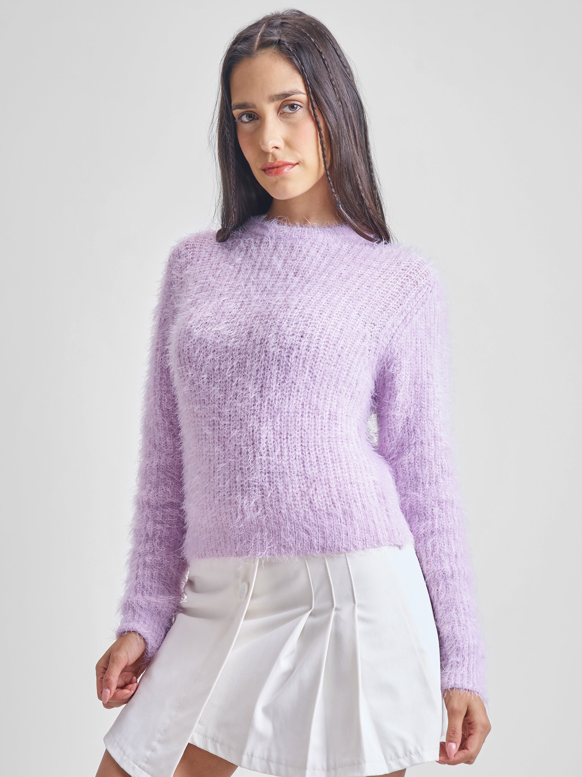 Tokyo Talkies Women Purple Round Neck Cropped Sweater - Purple - Image 4