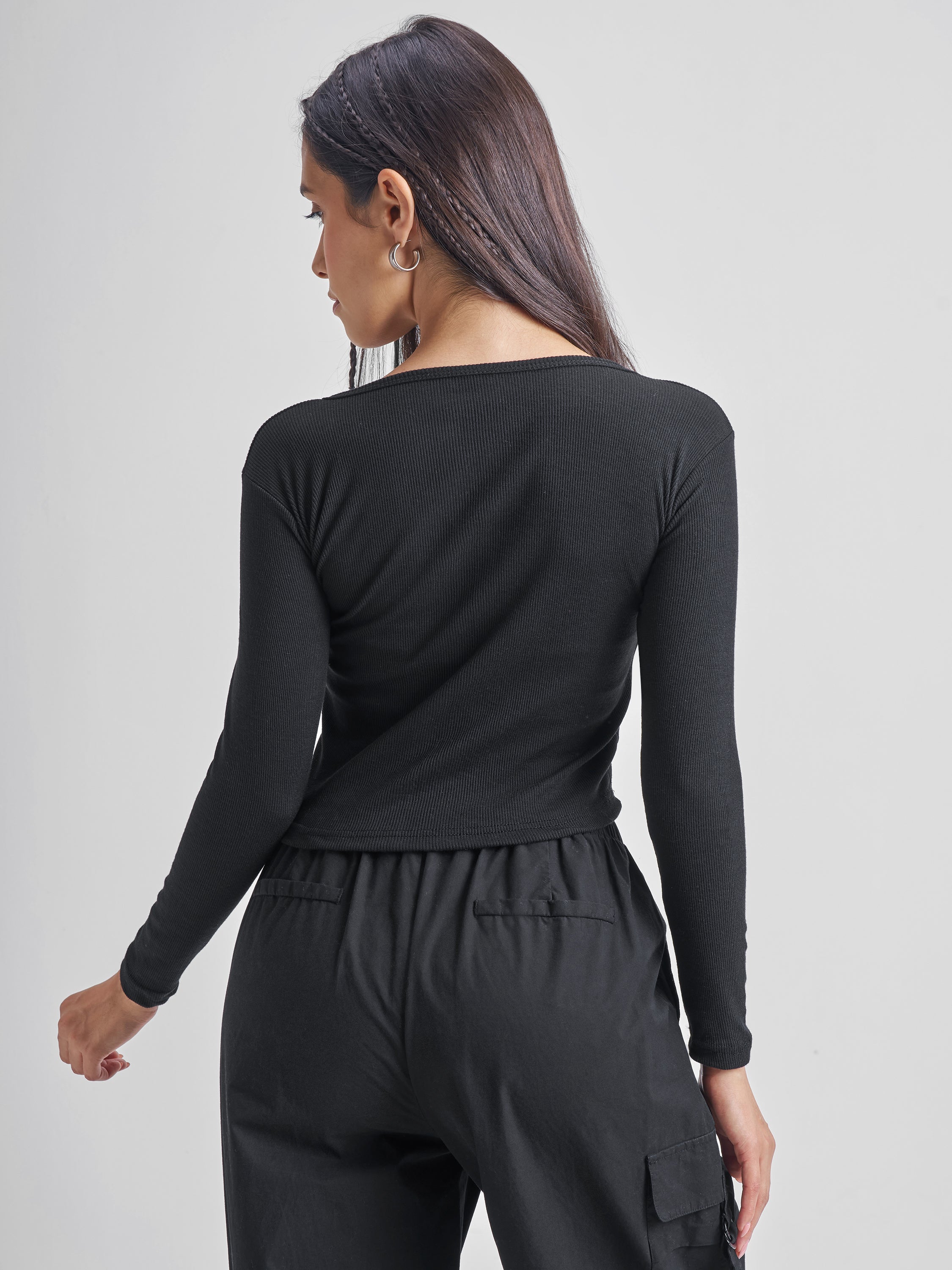 Tokyo Talkies Women Black Boat Neck Sweater - Black - Image 3