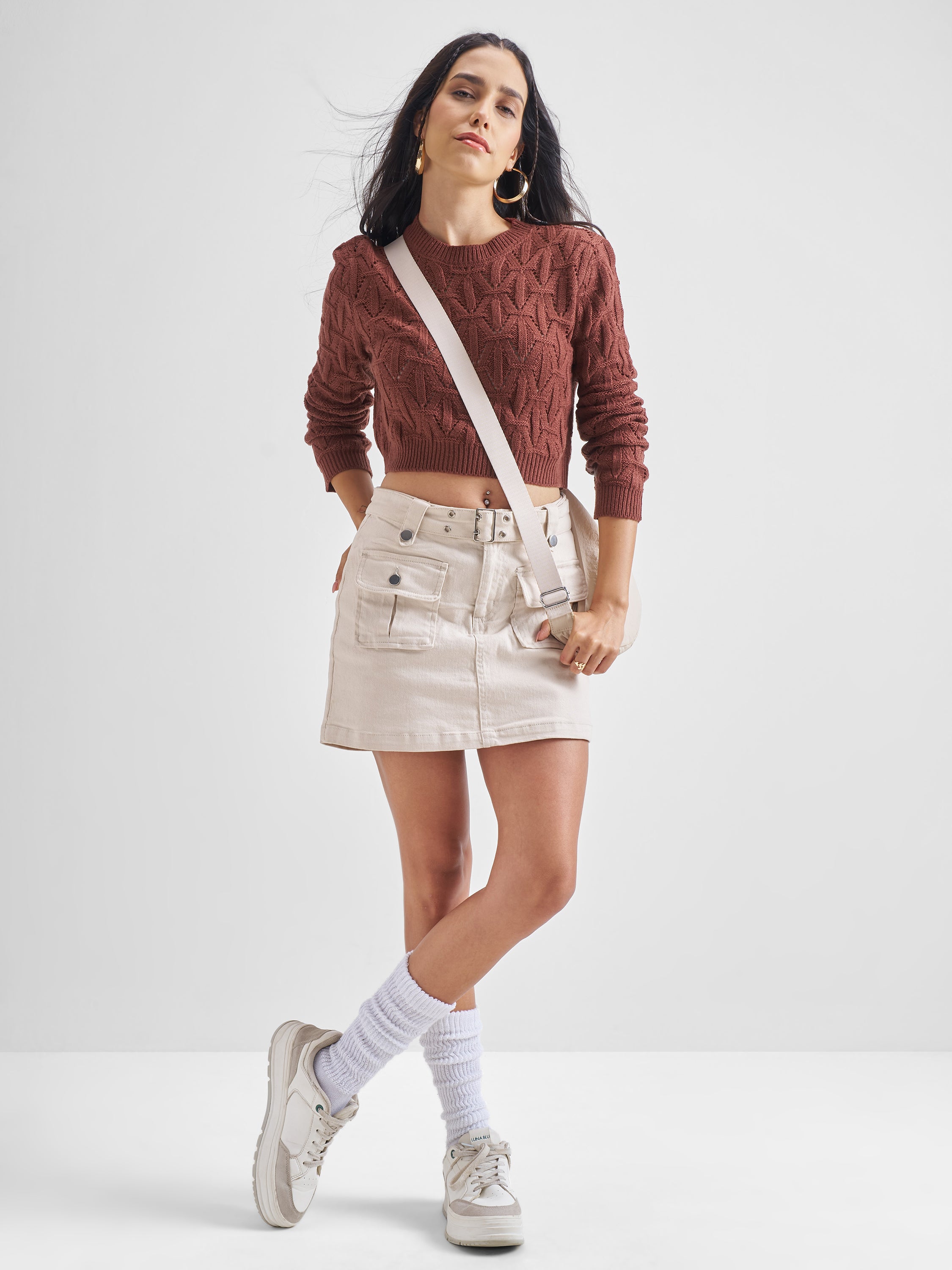 Tokyo Talkies Women Brown Round Neck Cropped Sweater - Brown - Image 2