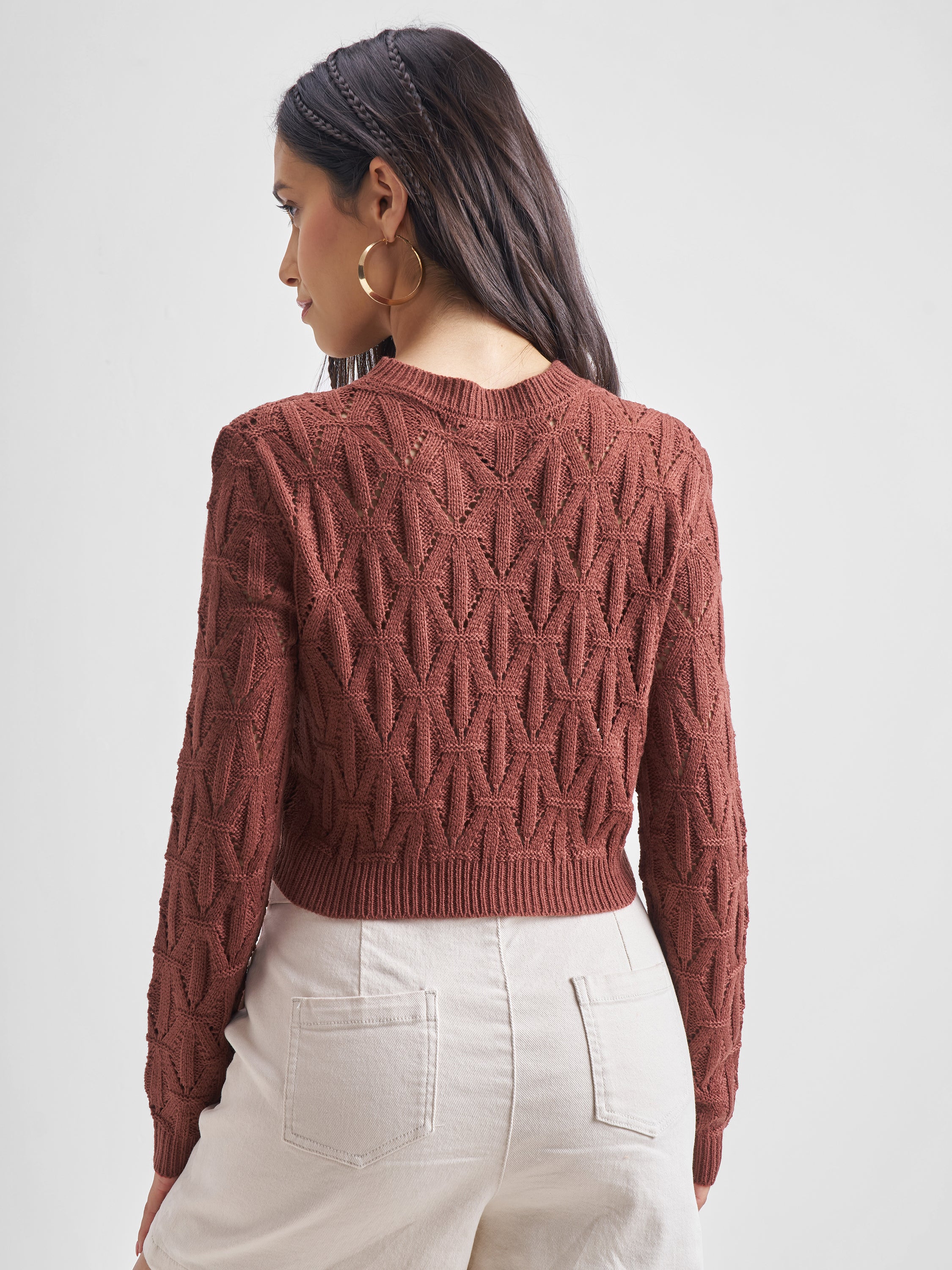 Tokyo Talkies Women Brown Round Neck Cropped Sweater - Brown - Image 3