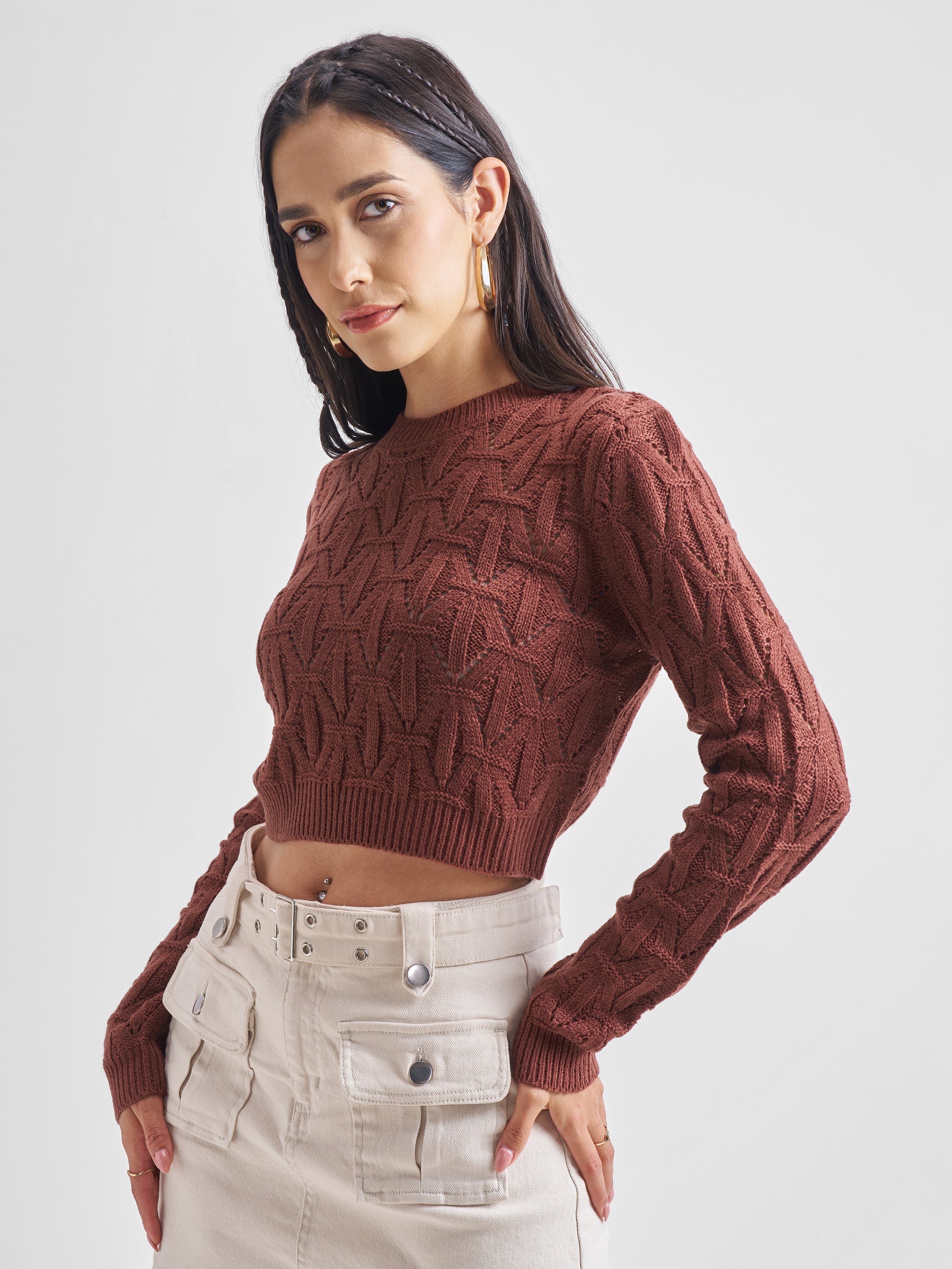 Tokyo Talkies Women Brown Round Neck Cropped Sweater - Brown - Image 4