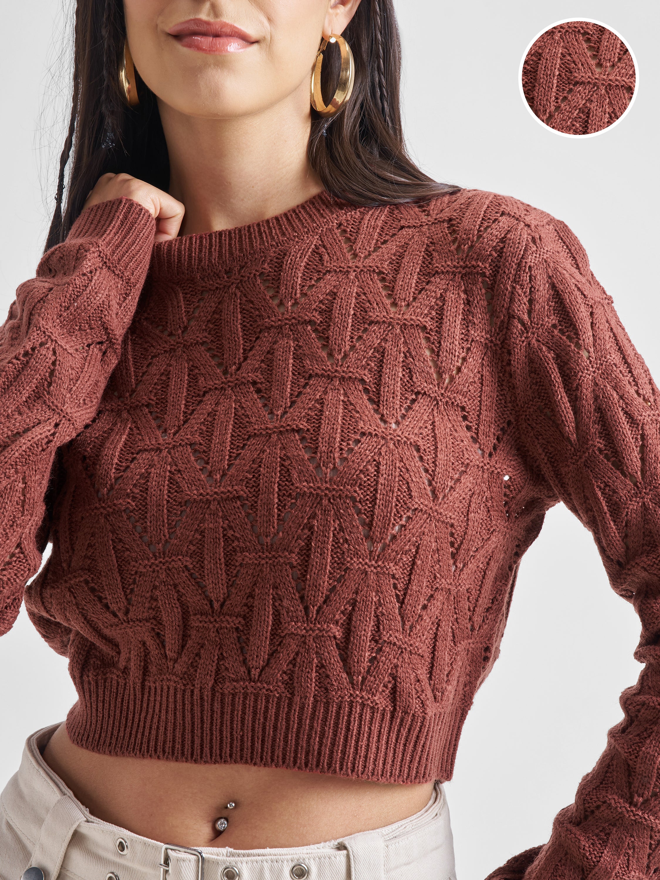 Tokyo Talkies Women Brown Round Neck Cropped Sweater - Brown - Image 5