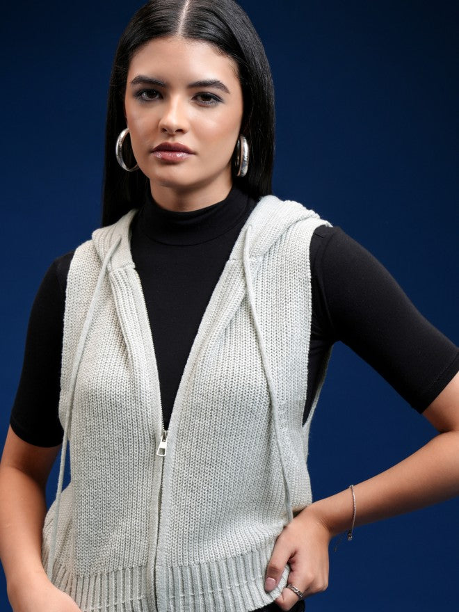 Tokyo Talkies Women Grey Hood Sweater - Grey - Image 1