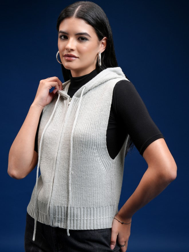 Tokyo Talkies Women Grey Hood Sweater - Grey - Image 4