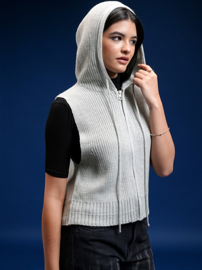 Tokyo Talkies Women Grey Hood Sweater - Grey - Image 6