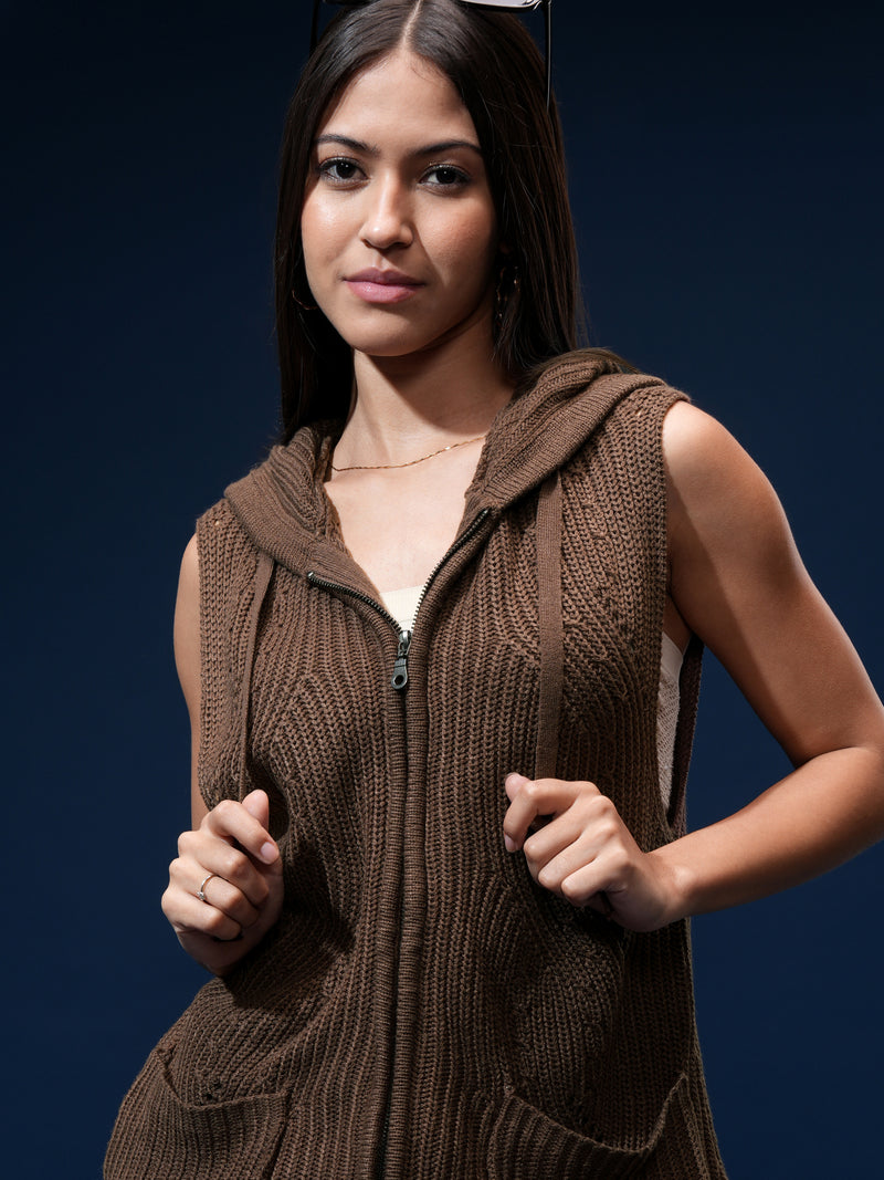 Tokyo Talkies Women Brown Hood Sweater - Brown - Image 1