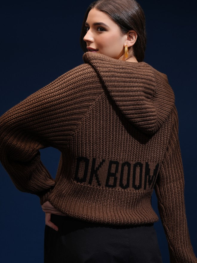 Tokyo Talkies Women Brown Hood Sweater - Brown - Image 1