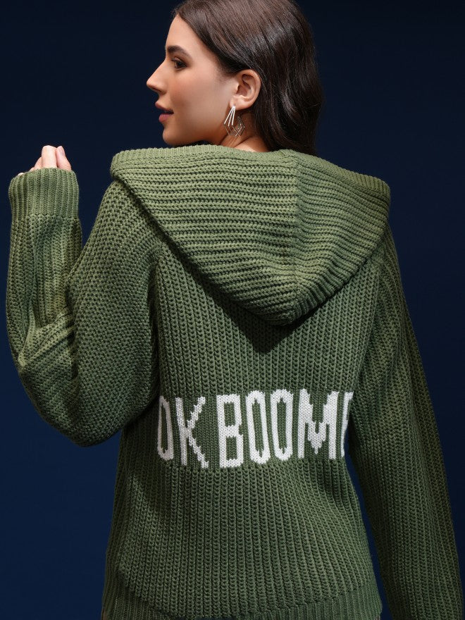 Tokyo Talkies Women Green Hood Sweater - Green - Image 1