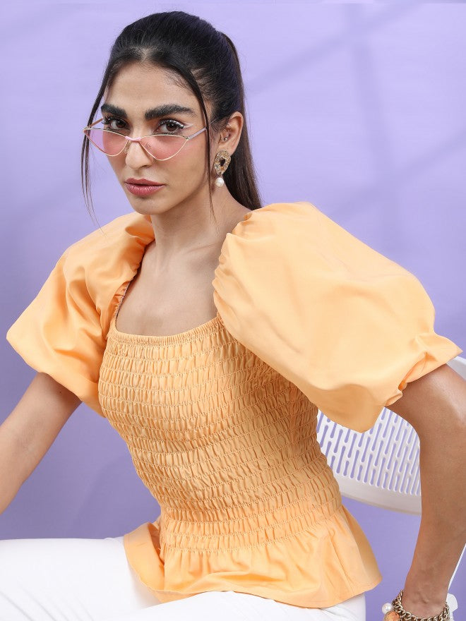 Tokyo Talkies Women Orange Solid Blouson Top - Orange - Image 1