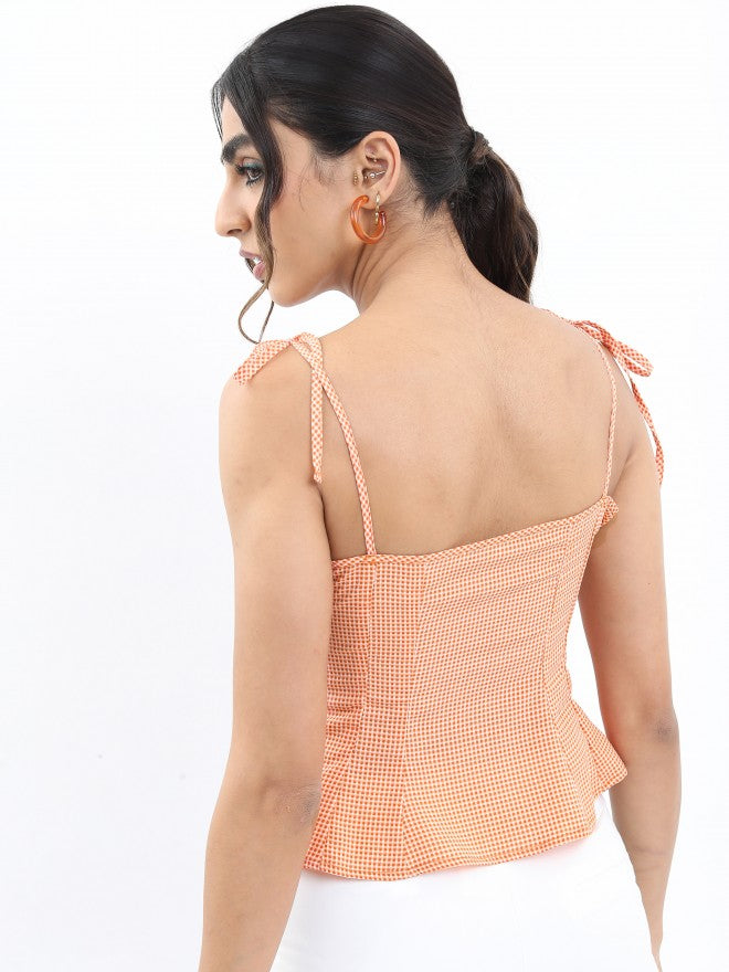Tokyo Talkies Women Orange Checked Regular Top - Orange - Image 3