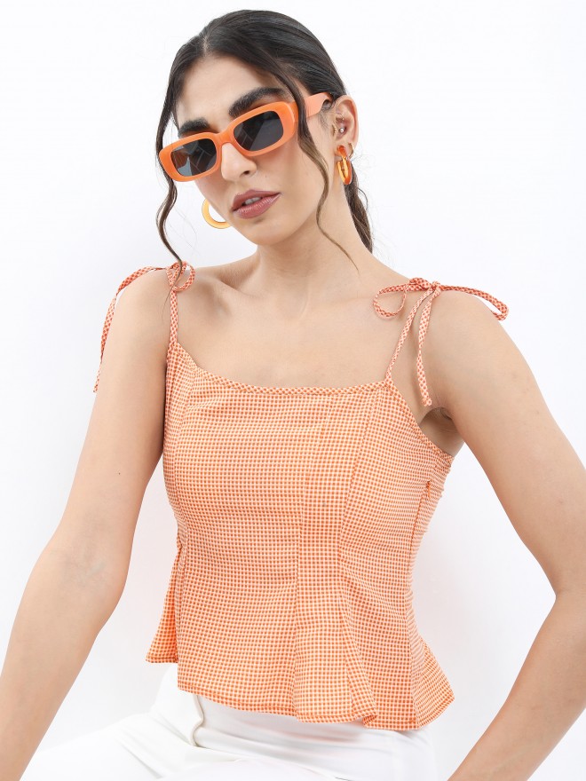 Tokyo Talkies Women Orange Checked Regular Top - Orange - Image 4