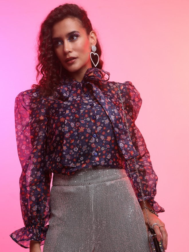 Tokyo Talkies Women Navy Blue Printed Blouson Top - Navy Blue - Image 1