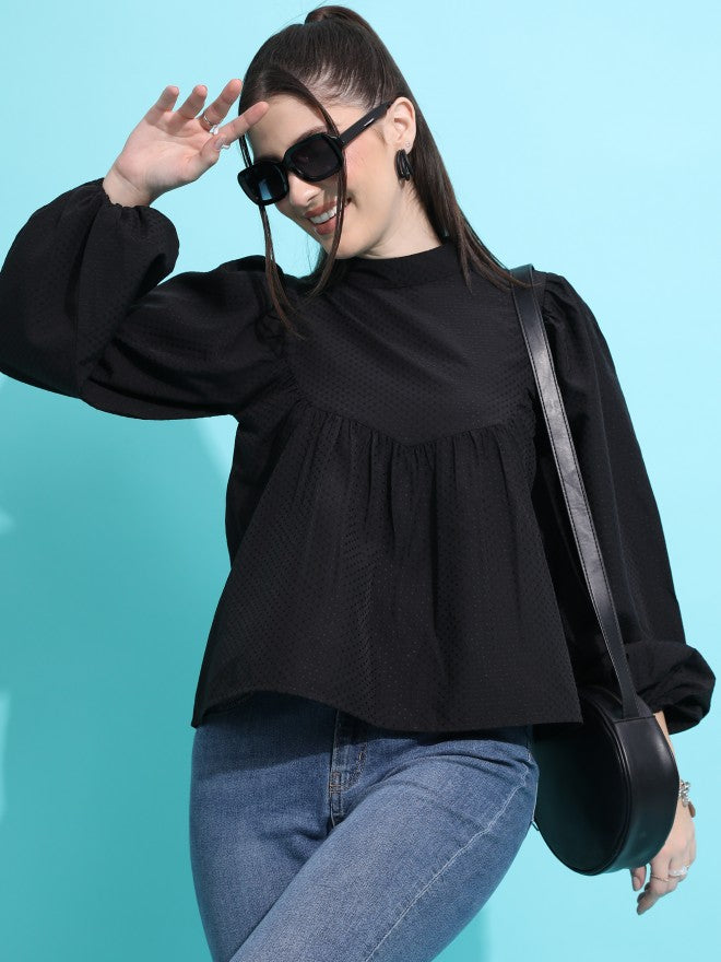 Tokyo Talkies Women Black Printed Blouson Top - Black - Image 1