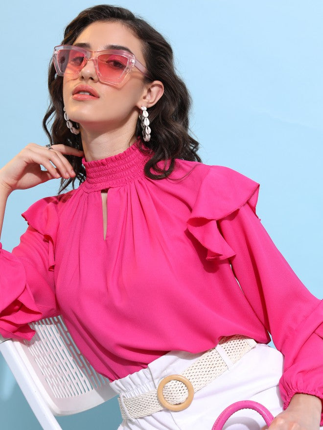 Tokyo Talkies Women Pink Solid Blouson Top - Pink - Image 1