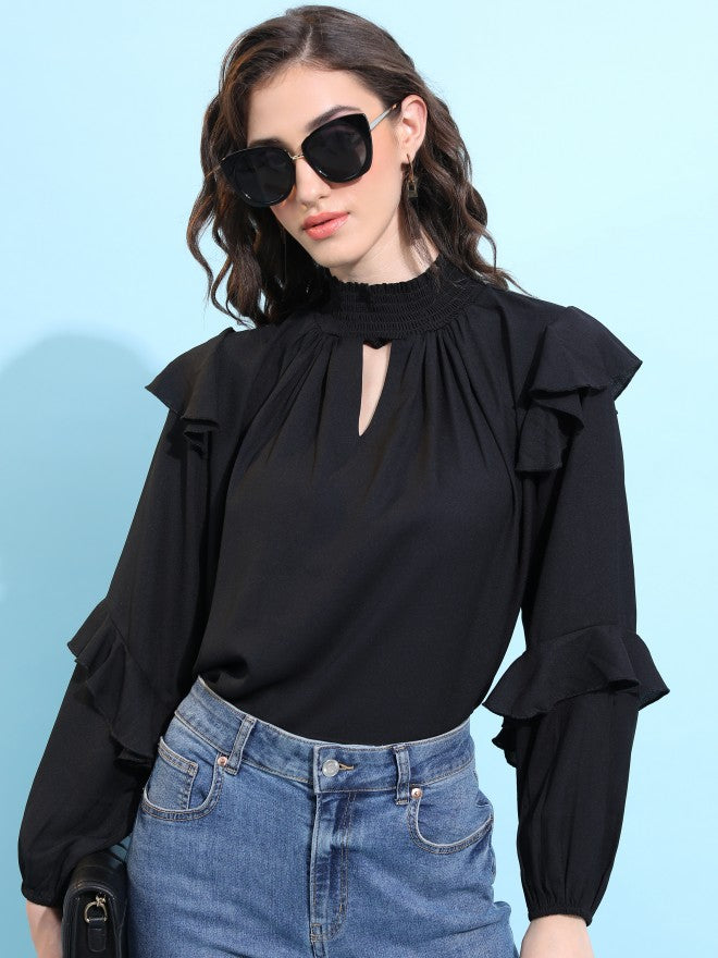 Tokyo Talkies Women Black Solid Blouson Top - Black - Image 1