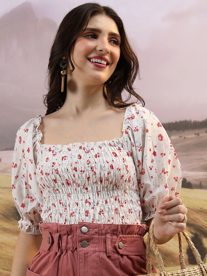 Tokyo Talkies Women Off White Printed Regular Top - Off White - Image 1