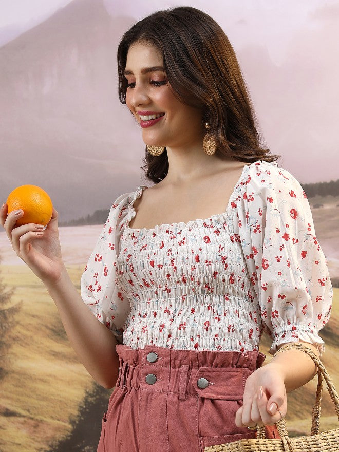 Tokyo Talkies Women Off White Printed Regular Top - Off White - Image 4